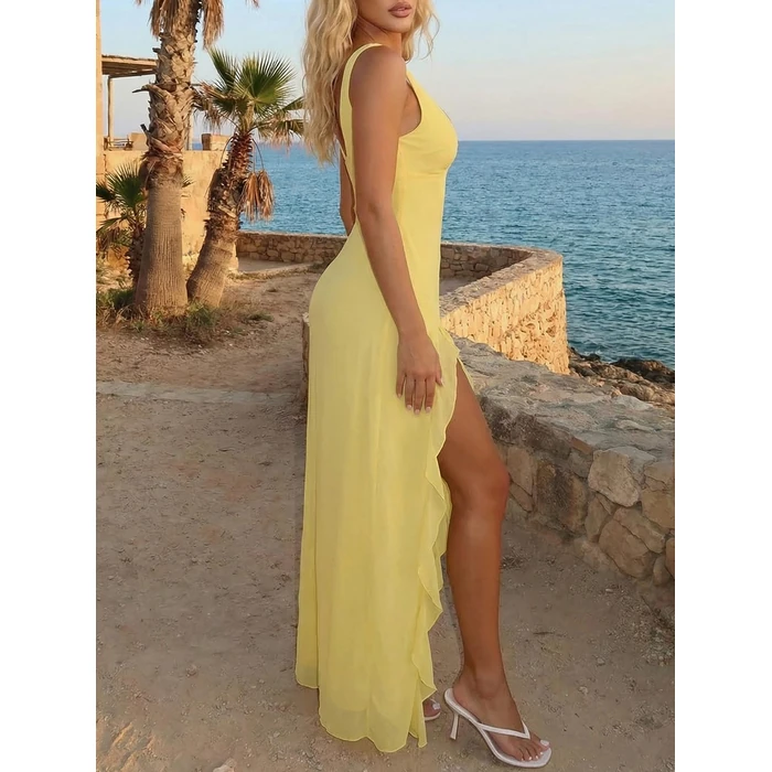 GORGLITTER Women's Ruffle Cocktail Maxi Dresses Split V Neck Sleeveless Wedding Guest Bodycon Birthday Party Long Dress 2026 Yellow Medium by GORGLITTER - Image 3