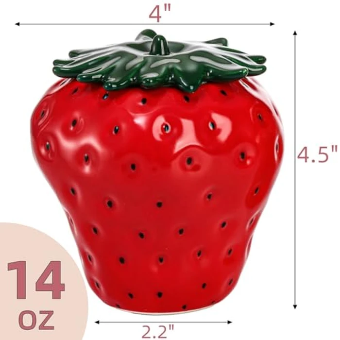 Tlence 2 Pack Strawberry Storage Jars, 14 OZ Ceramic Cookie Containers with Airtight Lids, Cute Sugar Canisters Set, Candy and Coffee Bean Jar for Flour Nut Tea Spices Grains, Kitchen Farmhouse Decor by Tlence - Image 2