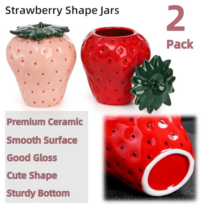 Tlence 2 Pack Strawberry Storage Jars, 14 OZ Ceramic Cookie Containers with Airtight Lids, Cute Sugar Canisters Set, Candy and Coffee Bean Jar for Flour Nut Tea Spices Grains, Kitchen Farmhouse Decor by Tlence - Image 4