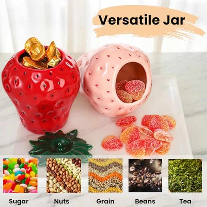 Tlence 2 Pack Strawberry Storage Jars, 14 OZ Ceramic Cookie Containers with Airtight Lids, Cute Sugar Canisters Set, Candy and Coffee Bean Jar for Flour Nut Tea Spices Grains, Kitchen Farmhouse Decor by Tlence - Image 7