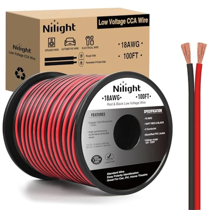 Nilight 100FT 18AWG Copper Clad Aluminum Wire 18/2 Gauge Red Black CCA Electrical Cable 2 Conductor Parallel 12V/24V DC Flexible Extension Cords for Car Audio Radio Speaker Amplifier by Nilight - Used - Very Good condition - US$11.34