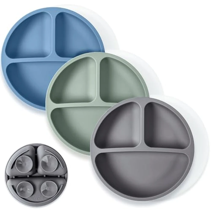 WeeSprout Suction Plates with Lids for Babies & Toddlers - 100% Silicone, Dinnerware Stays Put, Divided Design for Picky Eaters, Microwave & Dishwasher Friendly, 3 Pack by WeeSprout - Used - Very Good condition - US$17.47