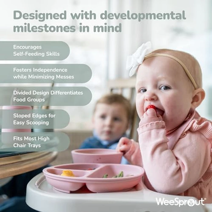 WeeSprout Suction Plates with Lids for Babies & Toddlers - 100% Silicone, Dinnerware Stays Put, Divided Design for Picky Eaters, Microwave & Dishwasher Friendly, 3 Pack by WeeSprout - Image 4