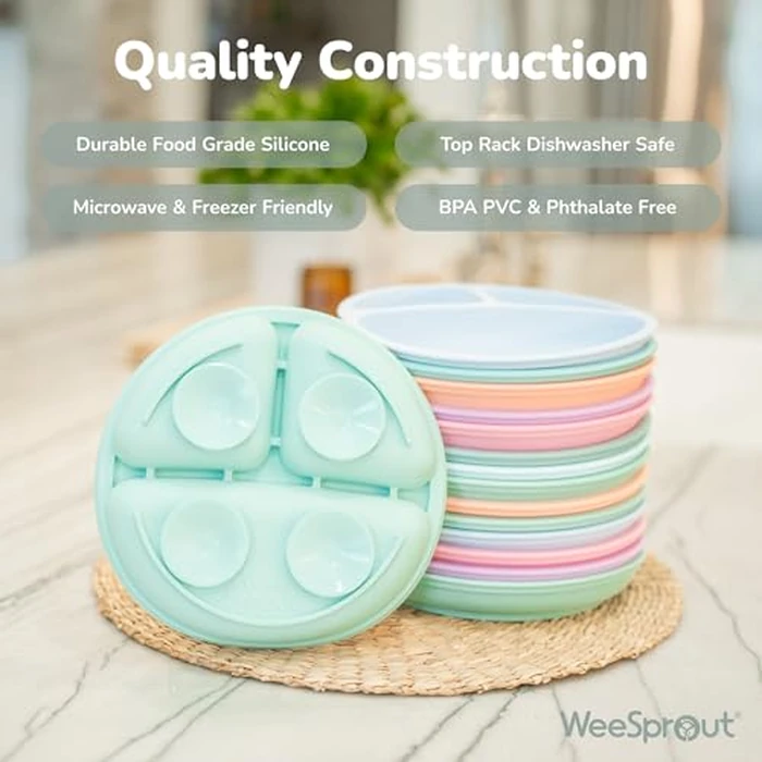 WeeSprout Suction Plates with Lids for Babies & Toddlers - 100% Silicone, Dinnerware Stays Put, Divided Design for Picky Eaters, Microwave & Dishwasher Friendly, 3 Pack by WeeSprout - Image 5