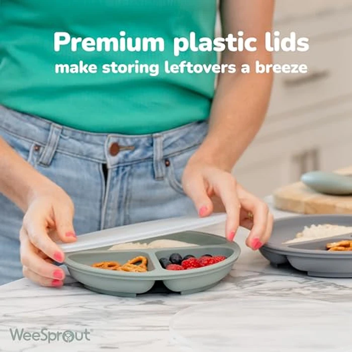 WeeSprout Suction Plates with Lids for Babies & Toddlers - 100% Silicone, Dinnerware Stays Put, Divided Design for Picky Eaters, Microwave & Dishwasher Friendly, 3 Pack by WeeSprout - Image 7