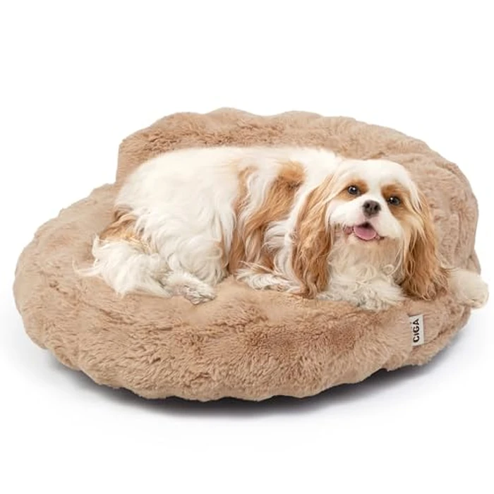 EHEYCIGA Soft Cat Couch Bed for Indoor Cats, Fluffy Small Dog Bed with Removable Washable Cover, Bolster Pet Sofa, Waterproof and Non-Slip, 26" x 26"x 8", Camel by EHEYCIGA - Used - Like New condition - US$29.74