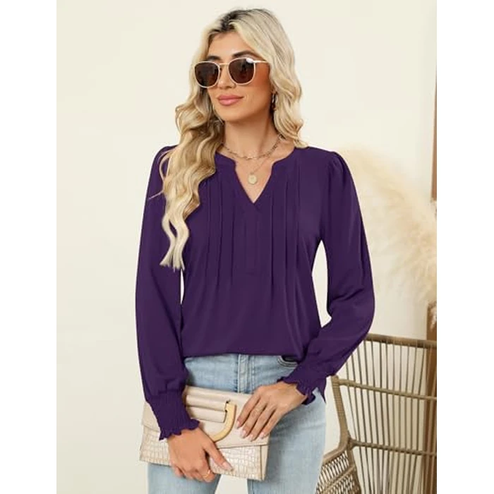 LOMON Womens Fall Tops Pleated V Neck Halloween Shirts for Women Puff Sleeves Womens Long Sleeve Tops Fall Shirts Purple S by LOMON - Image 5