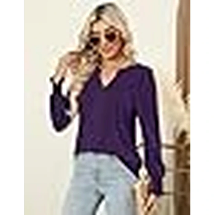 LOMON Womens Fall Tops Pleated V Neck Halloween Shirts for Women Puff Sleeves Womens Long Sleeve Tops Fall Shirts Purple S by LOMON - Image 9