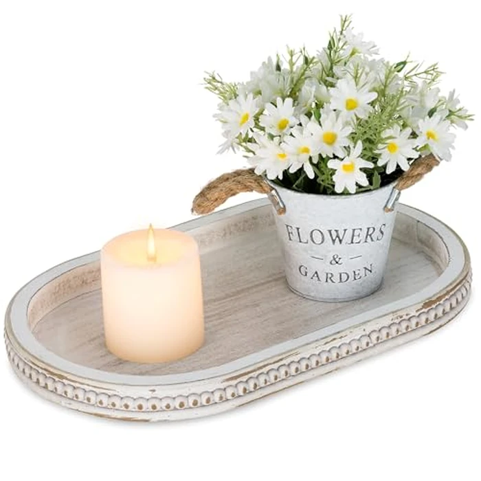 Hanobe Decorative Trays for Coffee Table : White Oval Centerpiece Tray Wood for Farmhouse Entry Table Decor Round Bathroom Tray for Living Room Kitchen Counter by Hanobe - Image 1