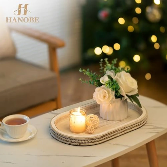 Hanobe Decorative Trays for Coffee Table : White Oval Centerpiece Tray Wood for Farmhouse Entry Table Decor Round Bathroom Tray for Living Room Kitchen Counter by Hanobe - Image 3