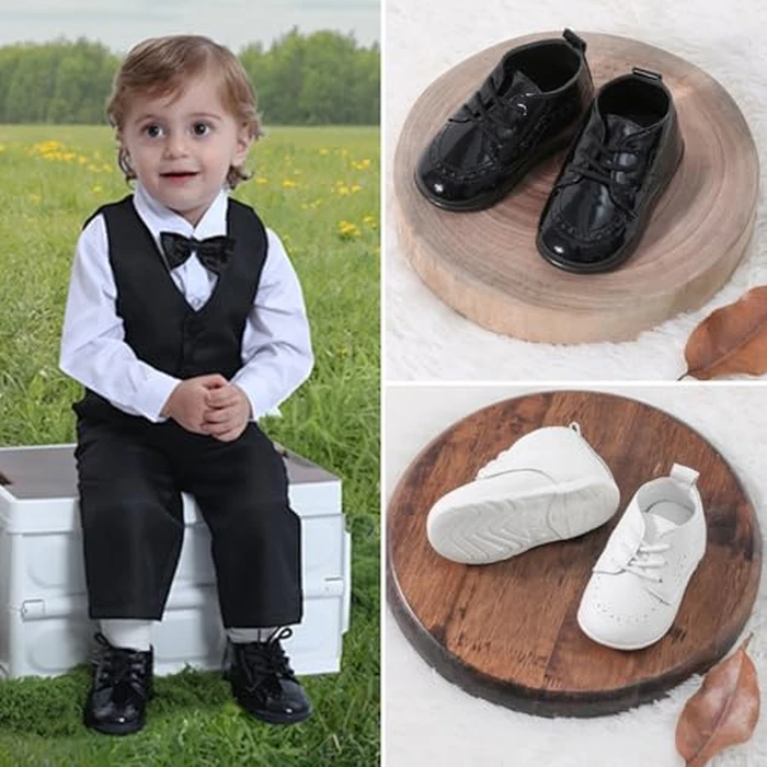 AGJ Baby Boy Dress Shoes Infant Oxford Loafers Wedding PU Leather Rubber Shoes Toddler Girl Flats Walking Shoes Set White 12-18 Months by AGJ - Image 5