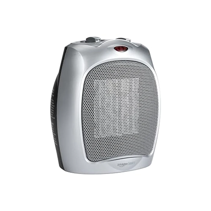 Amazon Basics Ceramic Space Heater, Portable Indoor Heating Solution, With Overheat and Tip-Over Protection, Thermostat, Non-Oscillating, 1500W, Fast Heating, 7.52"D x 6.34"W x 9.45"H, Silver by Amazon Basics - Image 1