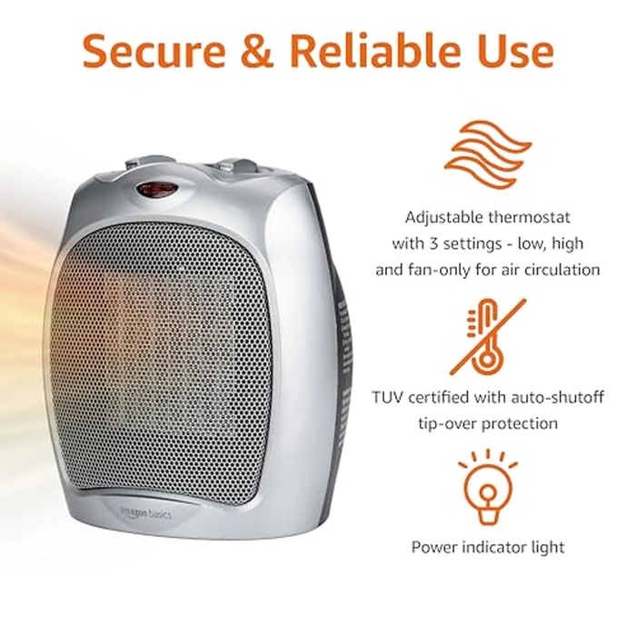 Amazon Basics Ceramic Space Heater, Portable Indoor Heating Solution, With Overheat and Tip-Over Protection, Thermostat, Non-Oscillating, 1500W, Fast Heating, 7.52"D x 6.34"W x 9.45"H, Silver by Amazon Basics - Image 2