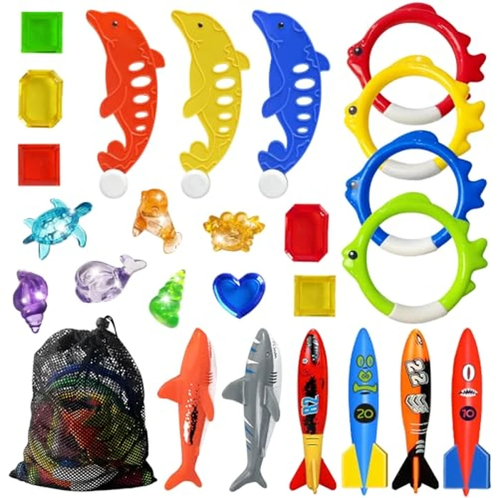 Jasonwell Pool Diving Toys Games - 25PCS Swimming Pool Toys with Dive Sticks and Rings Underwater Treasures Torpedo Bandits Fish Toy etc Fun Water Swim Toy for Boys Girls Adults Kids Teens by Jasonwell - Used - Very Good condition