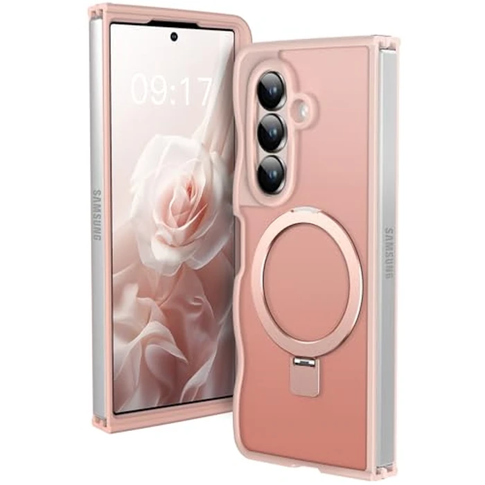 KMAMBAG [Magnetic Stand & Wave Frame] Case for Samsung Galaxy Z Fold 7 [Fit for MagSafe] [Military Drop Protective] Not Yellowing Translucent Z Fold 7 Phone Ring Cover for Women Men 8" Pink by KMAMBAG - Image 1