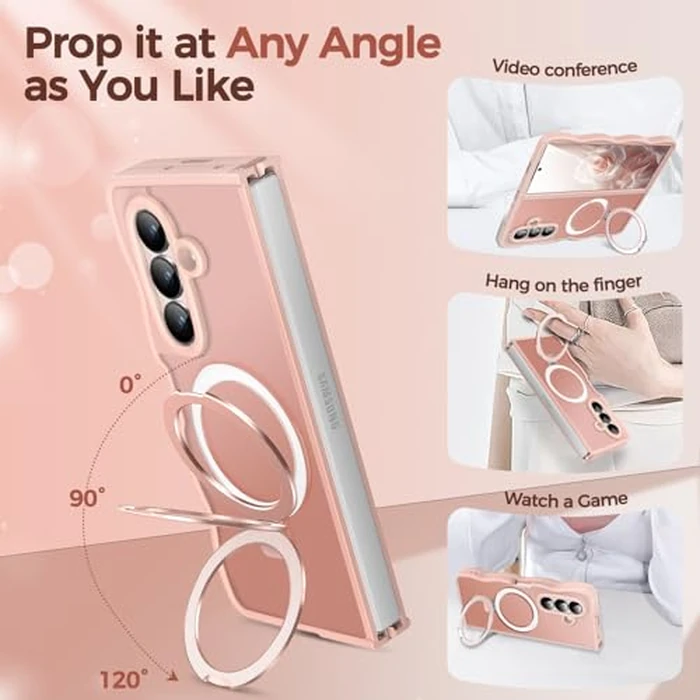 KMAMBAG [Magnetic Stand & Wave Frame] Case for Samsung Galaxy Z Fold 7 [Fit for MagSafe] [Military Drop Protective] Not Yellowing Translucent Z Fold 7 Phone Ring Cover for Women Men 8" Pink by KMAMBAG - Image 2