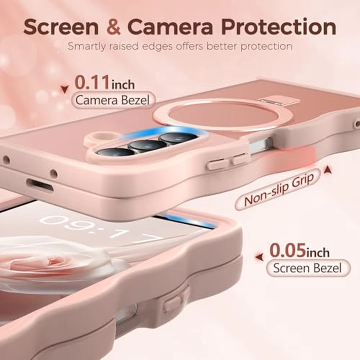 KMAMBAG [Magnetic Stand & Wave Frame] Case for Samsung Galaxy Z Fold 7 [Fit for MagSafe] [Military Drop Protective] Not Yellowing Translucent Z Fold 7 Phone Ring Cover for Women Men 8" Pink by KMAMBAG - Image 4