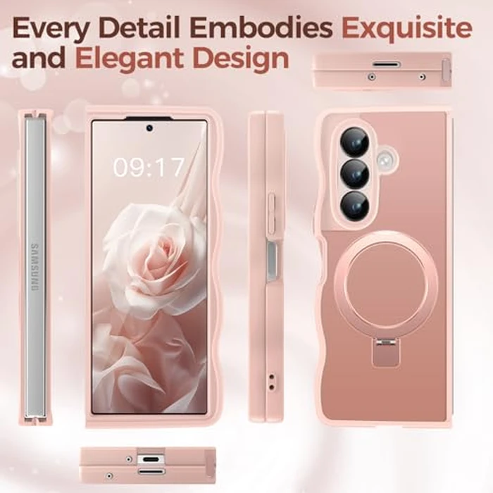 KMAMBAG [Magnetic Stand & Wave Frame] Case for Samsung Galaxy Z Fold 7 [Fit for MagSafe] [Military Drop Protective] Not Yellowing Translucent Z Fold 7 Phone Ring Cover for Women Men 8" Pink by KMAMBAG - Image 6