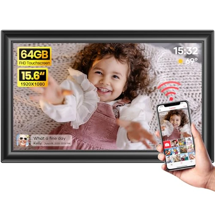 64GB 15.6" Frameo Digital Picture Frame WiFi, Large Electronic Photo Frames 1920 x 1080 IPS FHD Touch Screen, Send Photos from Your Phone from Anywhere, Best Gifts for Parents and Grandparents by BIGASUO - Used - Acceptable condition - US$98.85