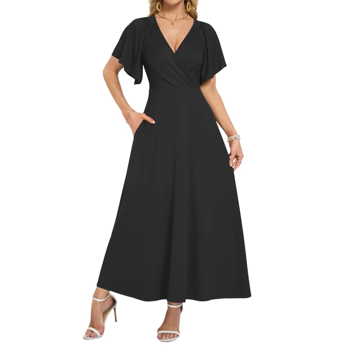 AUSELILY Maxi Dresses Women 2026 Summer Long Flowy Wrap Dress Ruffle Sleeve Deep V Neck Formal Dress with Pockets Black 2XL by AUSELILY - Image 1