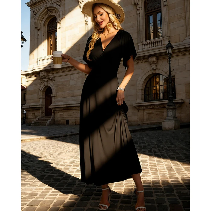 AUSELILY Maxi Dresses Women 2026 Summer Long Flowy Wrap Dress Ruffle Sleeve Deep V Neck Formal Dress with Pockets Black 2XL by AUSELILY - Image 3