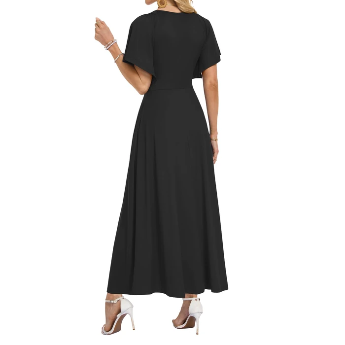 AUSELILY Maxi Dresses Women 2026 Summer Long Flowy Wrap Dress Ruffle Sleeve Deep V Neck Formal Dress with Pockets Black 2XL by AUSELILY - Image 4