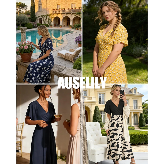 AUSELILY Maxi Dresses Women 2026 Summer Long Flowy Wrap Dress Ruffle Sleeve Deep V Neck Formal Dress with Pockets Black 2XL by AUSELILY - Image 5