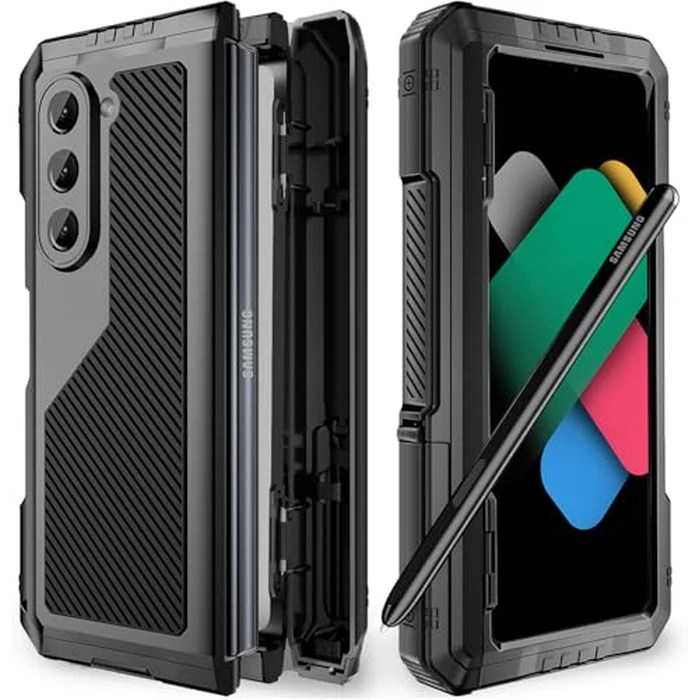 Simicoo Samsung Z Fold 5 Metal Case with Magnetic Hinge Protection S Pen Holder Screen Protector Camera Protector Military Rugged Heavy Duty Shockproof Case with Stand Tough case for Z Fold 5 (Black) by Simicoo - Image 1