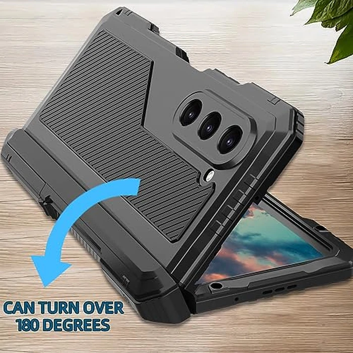 Simicoo Samsung Z Fold 5 Metal Case with Magnetic Hinge Protection S Pen Holder Screen Protector Camera Protector Military Rugged Heavy Duty Shockproof Case with Stand Tough case for Z Fold 5 (Black) by Simicoo - Image 8