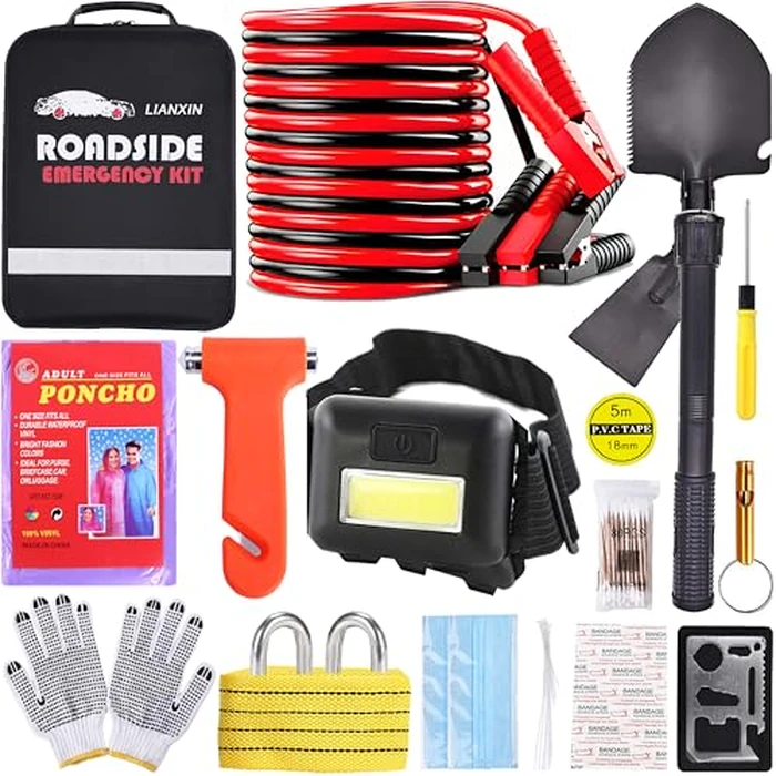 Car Emergency Roadside Tool Kit, Emergency Kits for Vehicles, Road Side Safety Assistance Kit ,With Jumper Cables for Car,Headlamp,Folding Shovel,Tow, Basic Automobile Road Side Kits for Men Women by LIANXIN - Used - Very Good condition - US$22.78