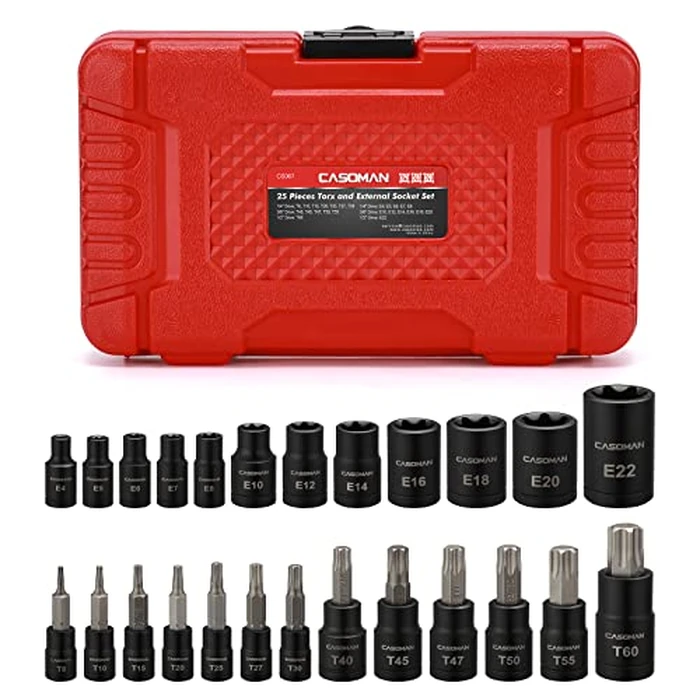 CASOMAN 25 Piece Torx Bit Socket and External Socket Set, 13 Star Socket Bits (T8- T60)& 12 Female E-Torx Sockets (E4-E22) by CASOMAN - Used - Like New condition - US$20.78