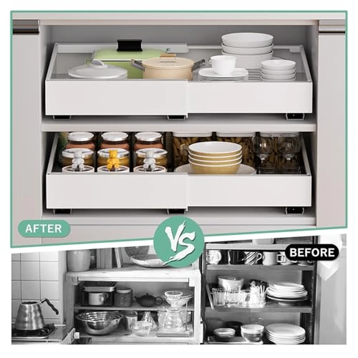 Expandable Pull Out Cabinet Organizer, 12.6"-20.5" Pull Out Drawers for Cabinets, Slide Out Drawers for Kitchen Cabinets, Tiroir de Rangement Coulissant, Fixed with Adhesive Nano (White, 2pc,21"Deep) by APPASO - Image 6
