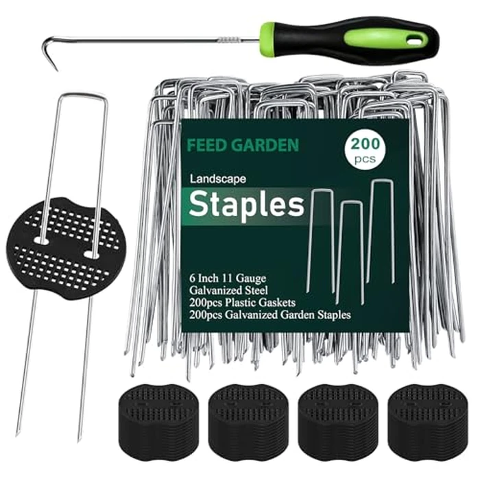 FEED GARDEN 6 Inch 200 Pcs Galvanized Landscape Staples 200 Pcs Gaskets Pick Hook Garden Stakes 11 Gauge Anti-Rust Landscaping Fabric SOD Pins U Shaped Yard Turf Stakes for Weed Barrier Fabric by FEED GARDEN - Used - Very Good condition