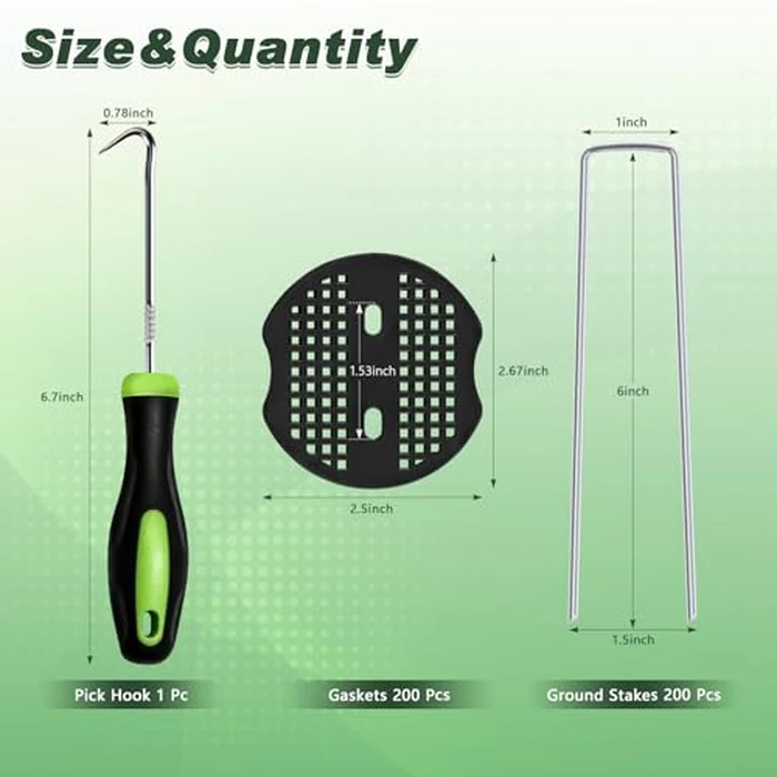 FEED GARDEN 6 Inch 200 Pcs Galvanized Landscape Staples 200 Pcs Gaskets Pick Hook Garden Stakes 11 Gauge Anti-Rust Landscaping Fabric SOD Pins U Shaped Yard Turf Stakes for Weed Barrier Fabric by FEED GARDEN - Image 2