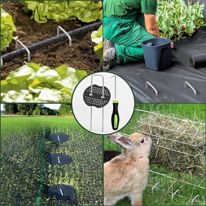 FEED GARDEN 6 Inch 200 Pcs Galvanized Landscape Staples 200 Pcs Gaskets Pick Hook Garden Stakes 11 Gauge Anti-Rust Landscaping Fabric SOD Pins U Shaped Yard Turf Stakes for Weed Barrier Fabric by FEED GARDEN - Image 3