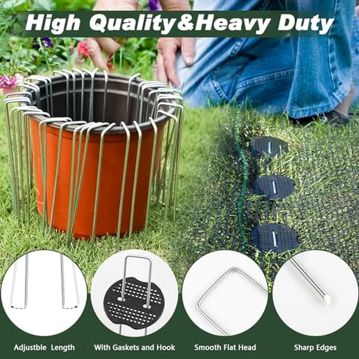 FEED GARDEN 6 Inch 200 Pcs Galvanized Landscape Staples 200 Pcs Gaskets Pick Hook Garden Stakes 11 Gauge Anti-Rust Landscaping Fabric SOD Pins U Shaped Yard Turf Stakes for Weed Barrier Fabric by FEED GARDEN - Image 5