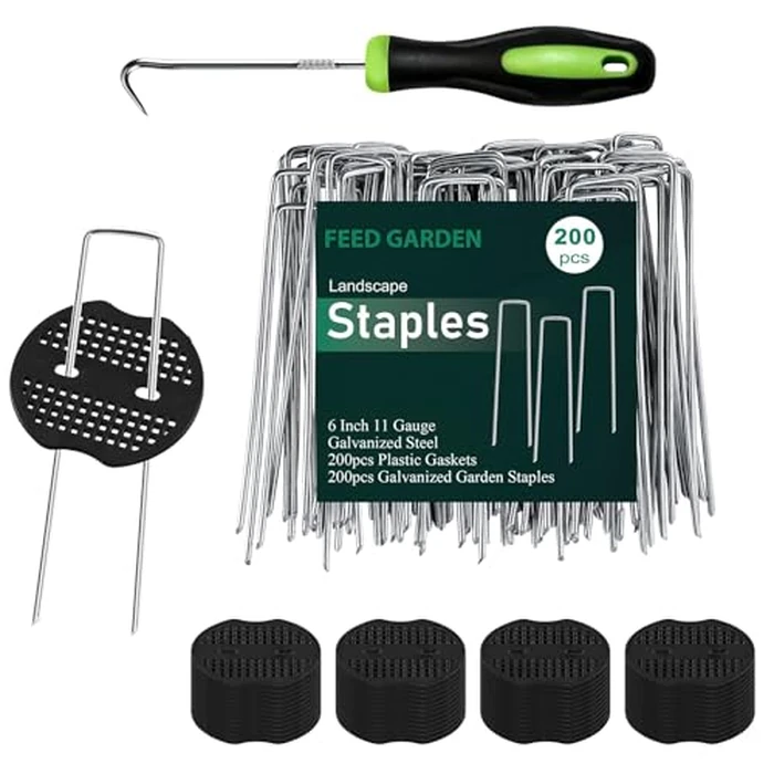 FEED GARDEN 6 Inch 200 Pcs Galvanized Landscape Staples 200 Pcs Gaskets Pick Hook Garden Stakes 11 Gauge Anti-Rust Landscaping Fabric SOD Pins U Shaped Yard Turf Stakes for Weed Barrier Fabric by FEED GARDEN - Image 9