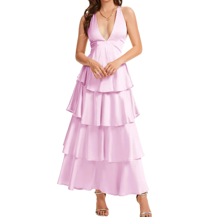 ShawGobow Ruffle Tiered Maxi Dress,Deep V Backless Satin Formal Dresses Women,Homecoming Cocktail Wedding Guest Outfits Pink Medium by ShawGobow - Used - Like New condition - US$48.78