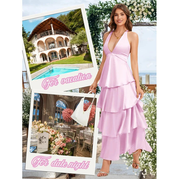 ShawGobow Ruffle Tiered Maxi Dress,Deep V Backless Satin Formal Dresses Women,Homecoming Cocktail Wedding Guest Outfits Pink Medium by ShawGobow - Image 2