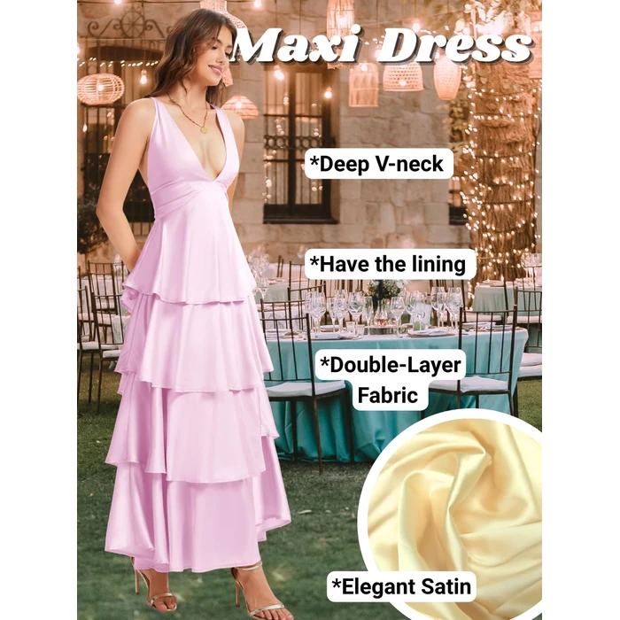 ShawGobow Ruffle Tiered Maxi Dress,Deep V Backless Satin Formal Dresses Women,Homecoming Cocktail Wedding Guest Outfits Pink Medium by ShawGobow - Image 3