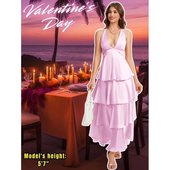 ShawGobow Ruffle Tiered Maxi Dress,Deep V Backless Satin Formal Dresses Women,Homecoming Cocktail Wedding Guest Outfits Pink Medium by ShawGobow - Image 6