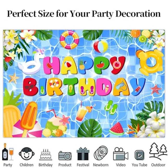 Leowefowa Pool Birthday Party 10x8ft Pool Party Backdrop for Summer Decoration Beach Ball Party Banner Photography Background Hawaiian Holiday Kids Baby Shower Birthday Party Gift Supplies by Leowefowa - Image 3