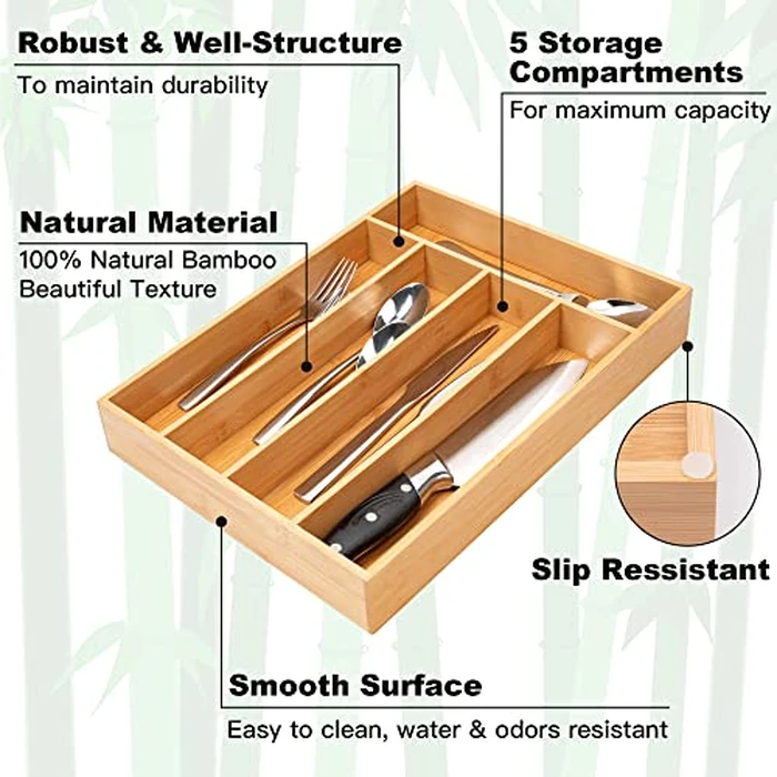 Besilord Silverware Organizer Kitchen Drawer Organizer Utensil Organizer Bamboo Silverware Holder Cutlery Organizer in Drawer Flatware Organizer Tray(5 slots, Natural by Besilord - Image 3