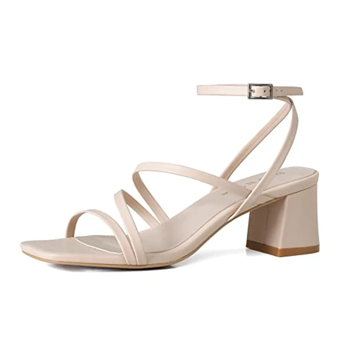 Shoe'N Tale Strappy Heels for Women Low Chunky Block Heel Dress Shoes Square Open Toe Ankle Strap Heeled Sandals(8,Light Khaki) by Shoe'N Tale - Used - Like New condition - US$19.31