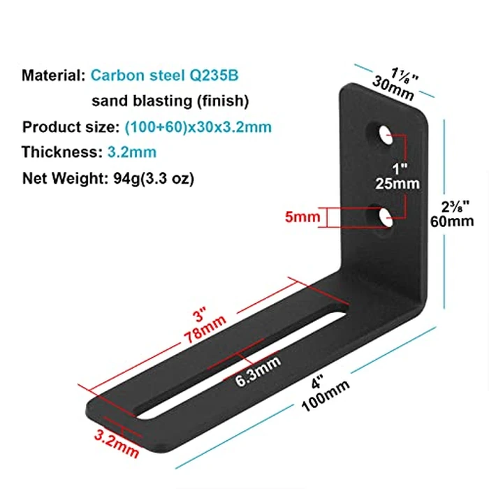 eoere 10 PCS 4" Black Adjustable L Corner Brace with Slot Hole Fits 1/4" Bolt, Steel Joint Right Angle Slidable Brackets Support, Thickness 1/8", Max Load 30 LB by eoere - Image 2
