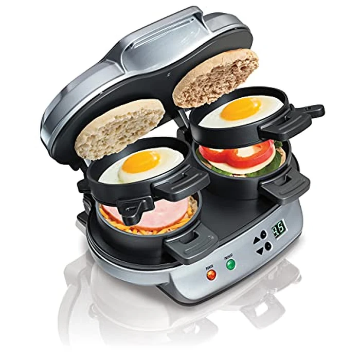 Hamilton Beach Dual Breakfast Sandwich Maker with Timer, Ready in 5 Minutes, Removable Dishwasher Safe PFAS-Free Non-Stick Egg Cooker Ring, Silver (25490C) by Hamilton Beach - Image 1