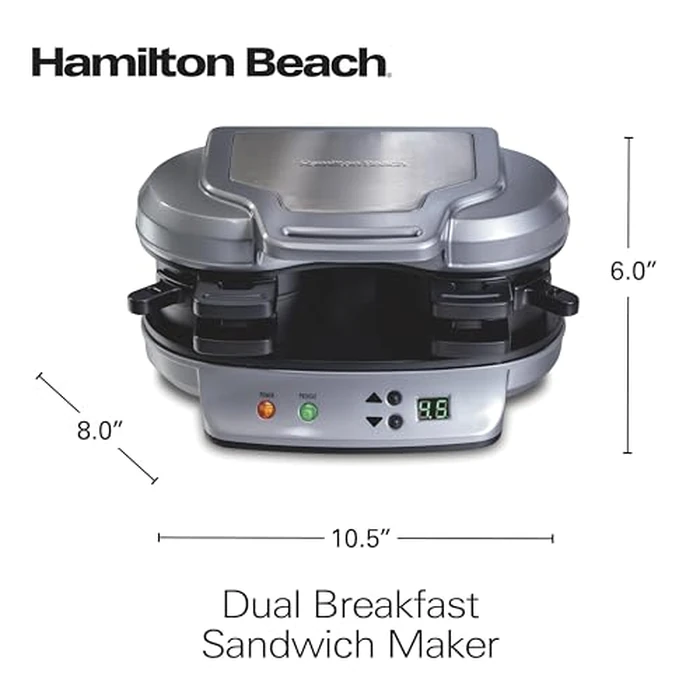 Hamilton Beach Dual Breakfast Sandwich Maker with Timer, Ready in 5 Minutes, Removable Dishwasher Safe PFAS-Free Non-Stick Egg Cooker Ring, Silver (25490C) by Hamilton Beach - Image 9