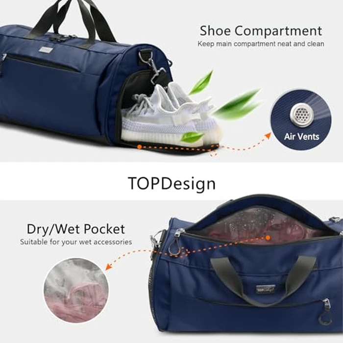 TOPDesign Gym Bag for Women & Men, Unisex Duffel Bag with Shoe Compartment & Wet Pocket for Travel Sports Gym (M Blue) by TOPDesign - Image 6
