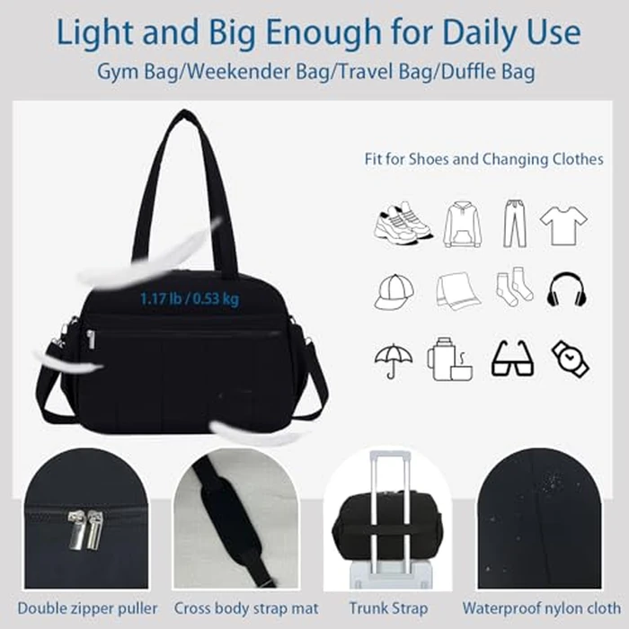 Small Gym Bag for Women, Travel Duffle Bag with Shoe Bags and Coin Pouch, Carry on Weekender Bag, Portable Overnight Bag for Yoga, Pilates, Swimming, Black by TOSYOFFI - Image 2