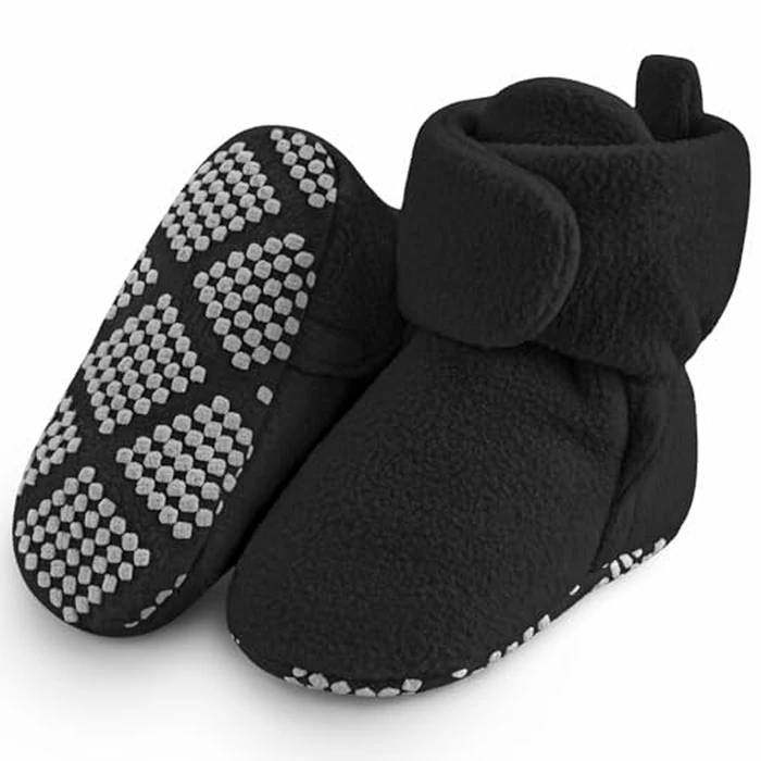 Pro Goleem Fleece Baby Booties, Warm Cozy Baby Slippers, Stay On Sock Shoes, Easy to Put on, Unisex Baby Gifts, Soft Non-Slip Adjustable Newborn Boots for Boys and Girls 12-18 Months, Black by Pro Goleem - Used - Like New condition
